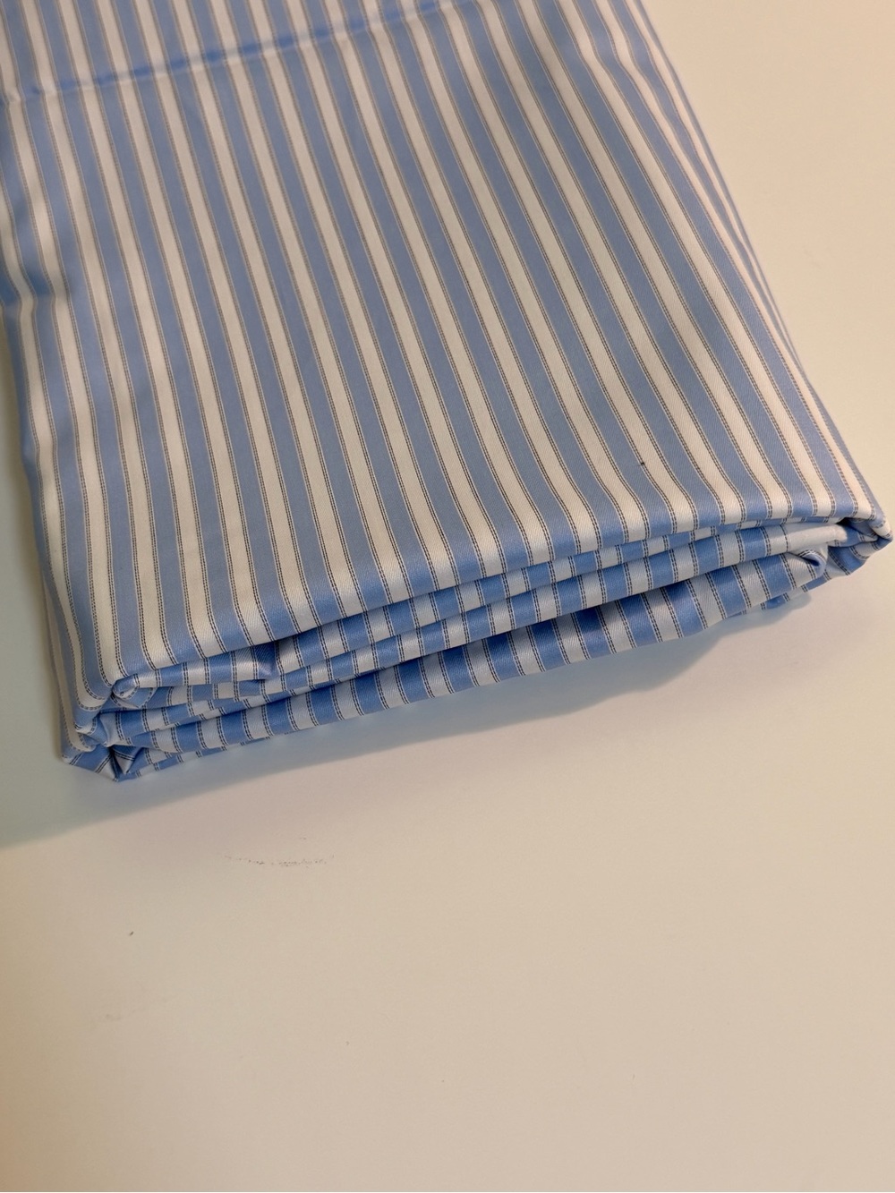 Light Blue and White Striped Cotton Sateen Shirting Fabric. 58” wide, 2 yards.
